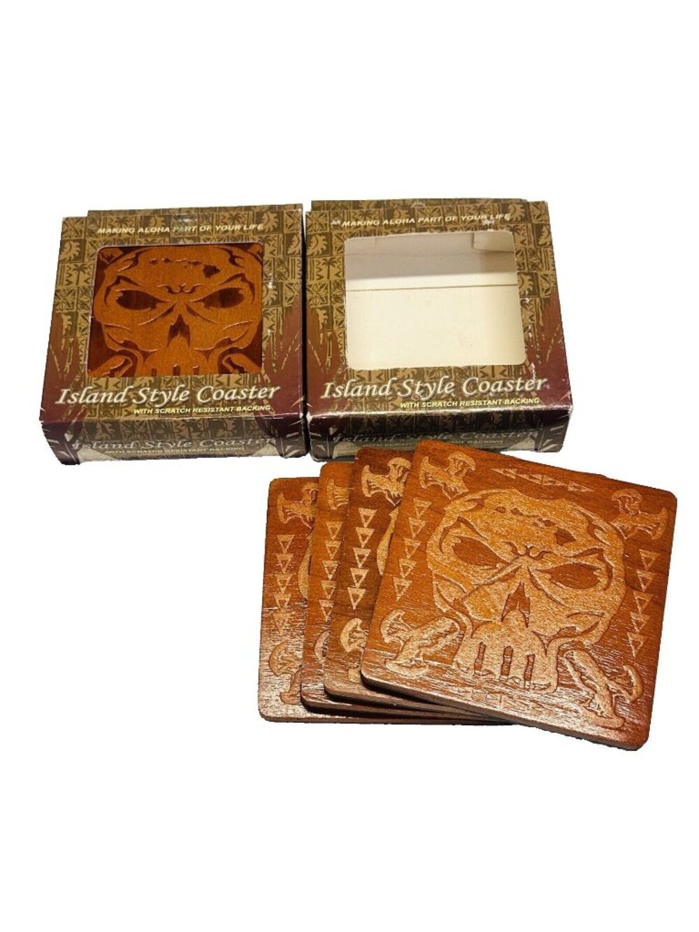 KC Hawaii Island Style Coasters SET OF 8 Hawaiian Scratch Resistant Brown Skull